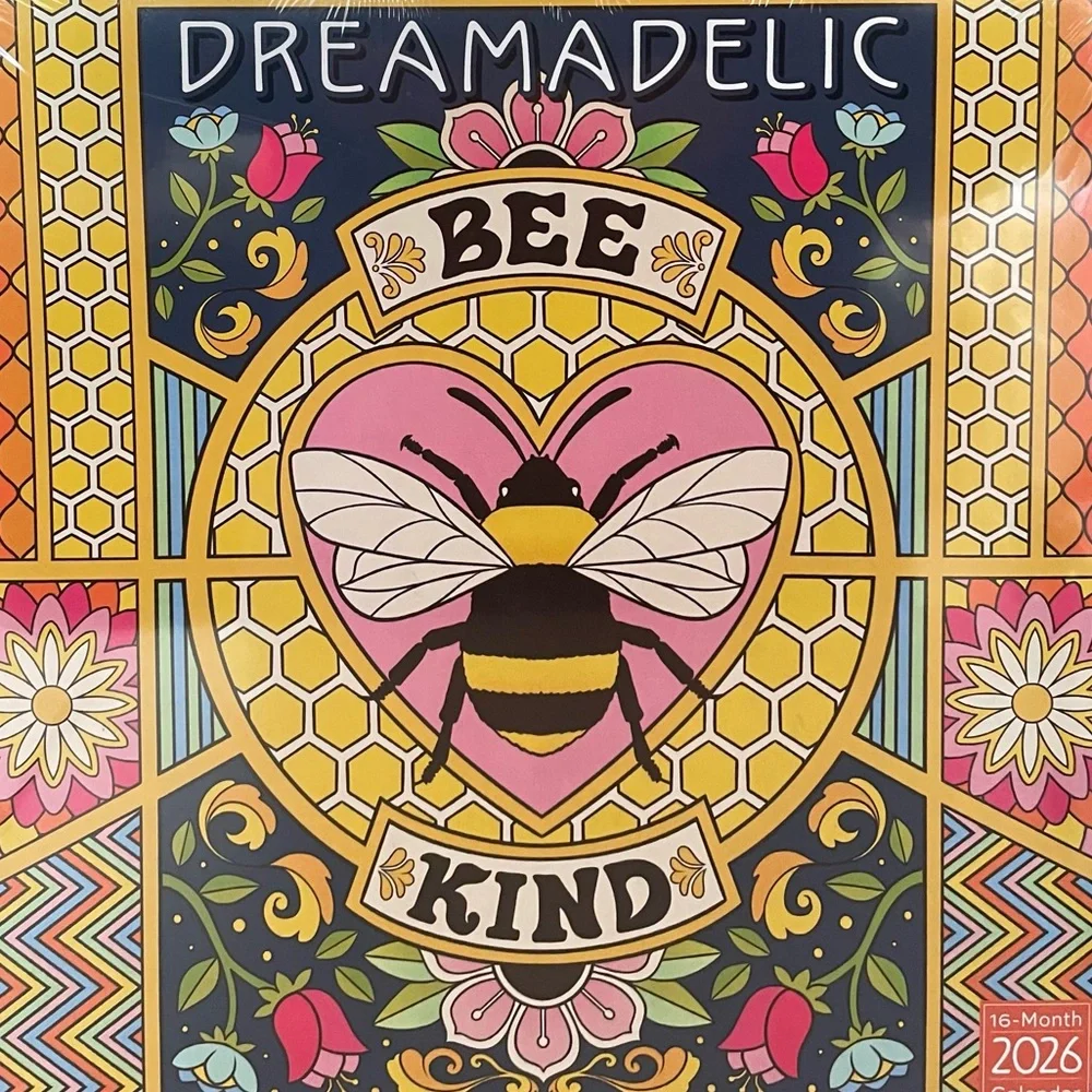 Dreamadelic Bee Kind 2026 Wall Calendar 12x12”Psychedelic Pop Art Retro Design